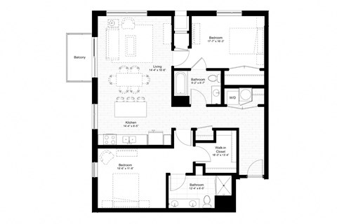 Floor plan for 2 beds, 2 baths, 1239 sqft